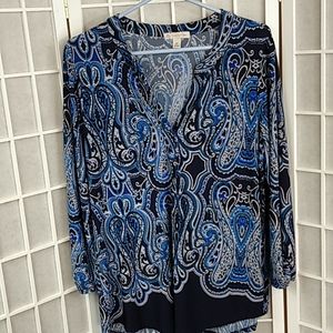 db Paisley‎ V-Neck Blouse – Blue/White – 3/4 Sleeve – Stretch – M